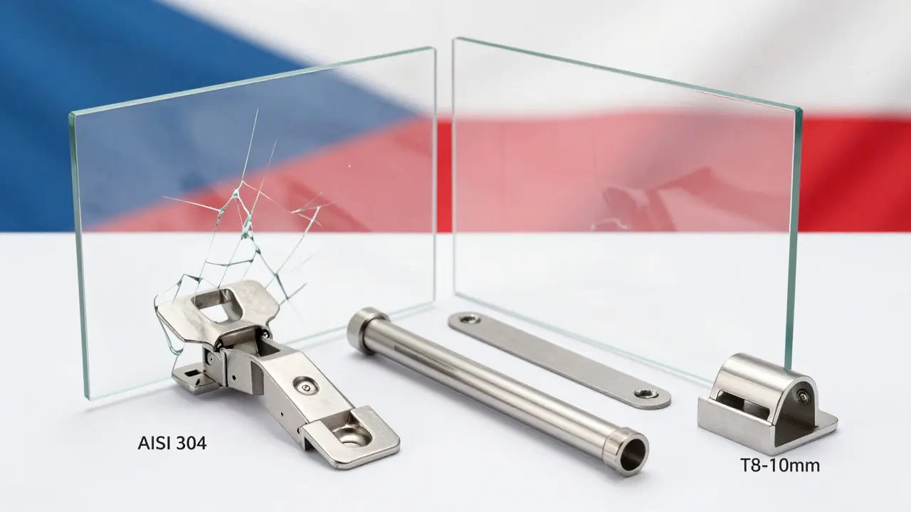 Close-up of shower hardware components: AISI 304 hinge, stabilizing rod, magnetic seal, and glass holder on clean surface.