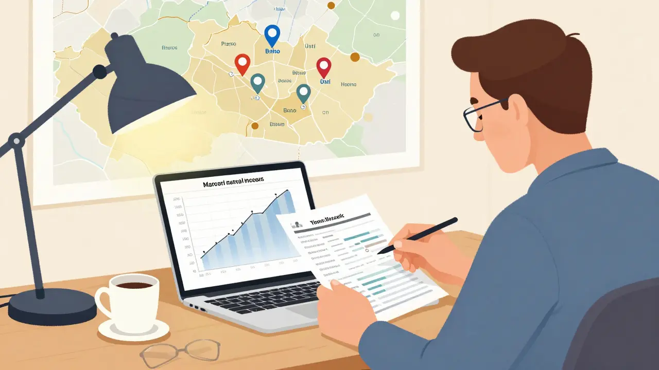 Czech investor reviewing rental income charts on laptop, with map of Czech cities marked by pins.