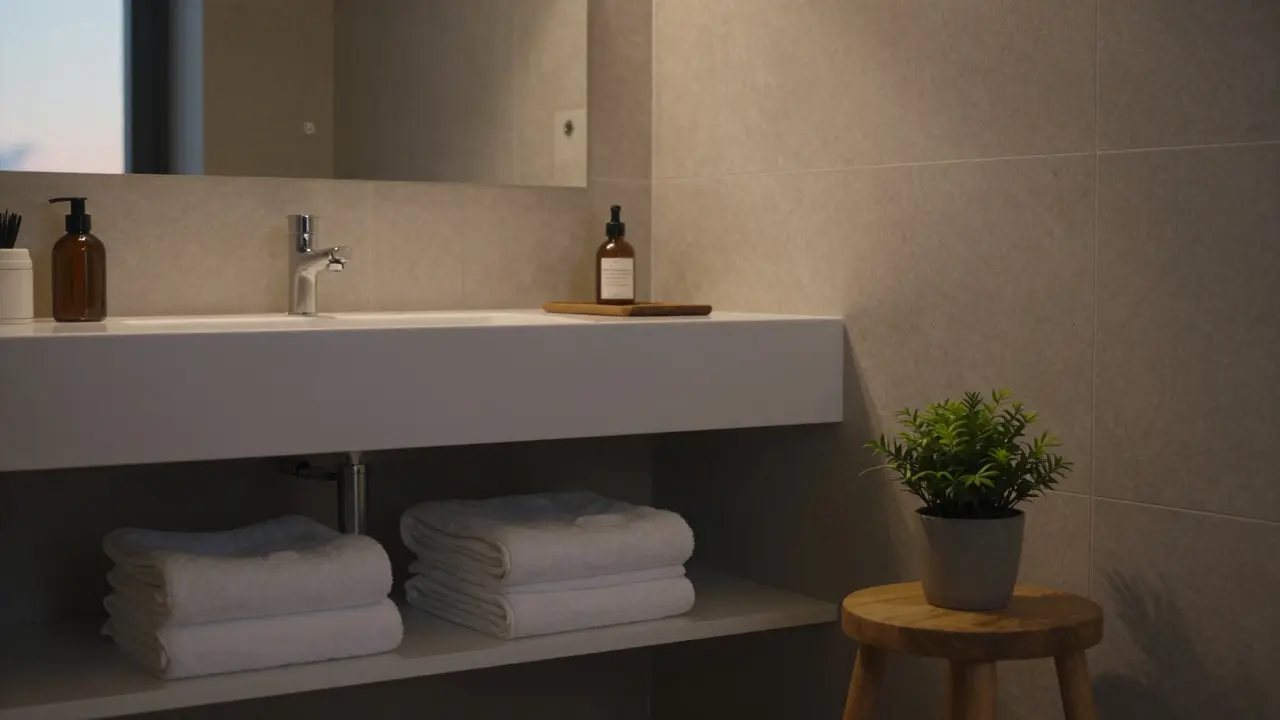 Detail koupelny s vysokým umyvadlem, skrytými skříněmi a jemným osvětlením, s ručníky a rostlinou na stole.