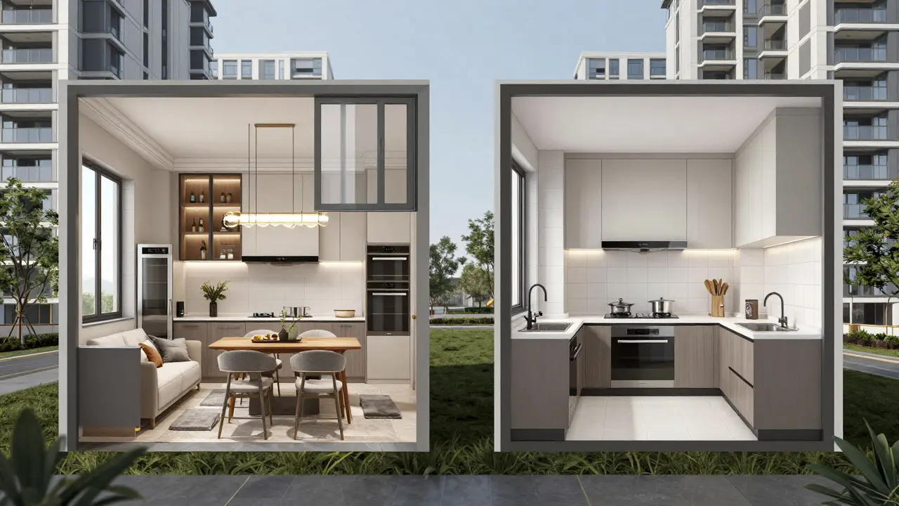 Dvě varianty bytové dispozice vedle sebe, s kvalitními materiály a detaily, ilustrující standardizaci v bytovém projektu.