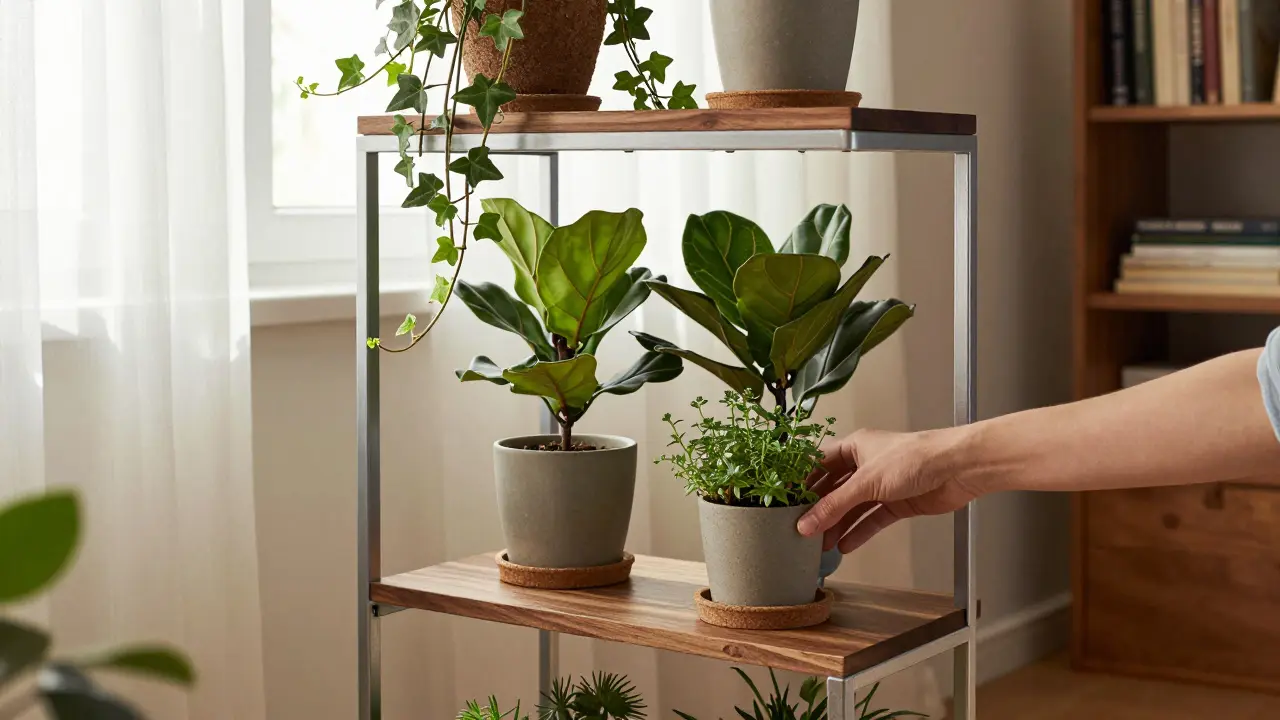 Kombinovaný dřevěný a kovový stojan s korkovými podložkami a bylinkami v českém bytě, s jemným přírodním světlem.