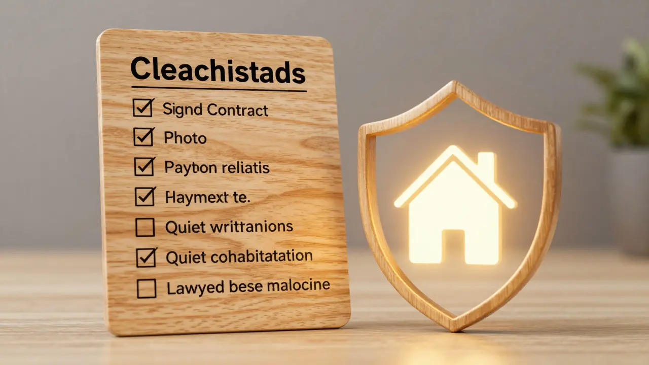 Kontrolní seznam pro pronajímatele s klíčovými dokumenty a ochranným štítem kolem domu.
