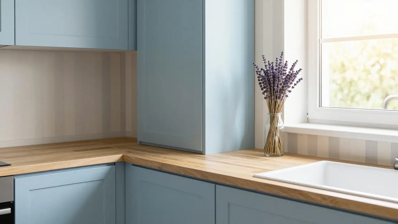 Moderní kuchyně s pastelově modrými skříněmi, dřevěnou pracovní deskou a jemnými pruhy tapet, osvětlená odpoledním sluncem.