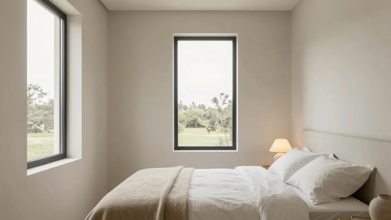 Neutrální ložnice v krémových a šedých odstínech s klidným a bezpečným atmosférickým vzhledem.