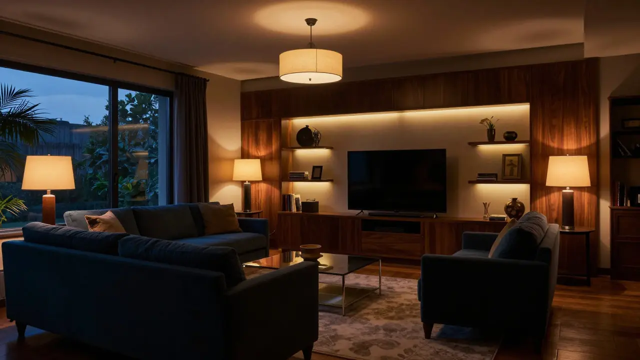 Obývací pokoj s vrstveným osvětlením večer