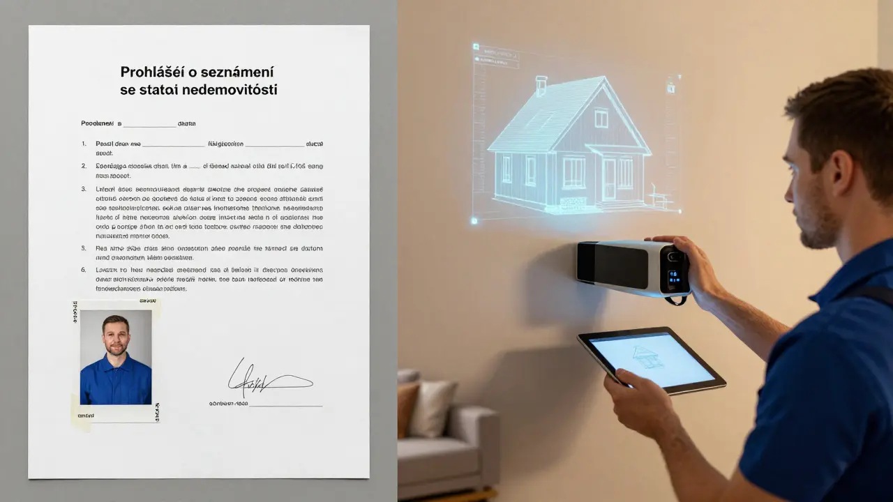 Písemné prohlášení o stavu nemovitosti s fotografiemi a technikem používajícím 3D skener pro mapování domu.