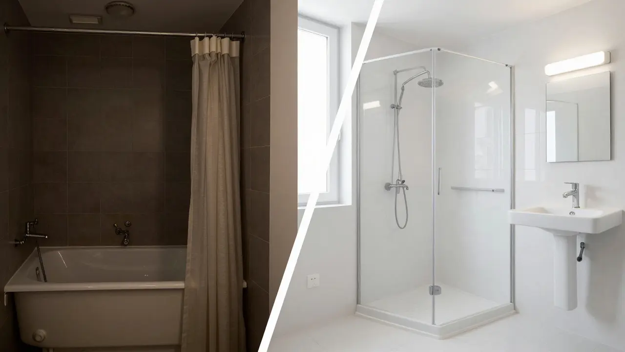 Před a po rekonstrukci malé koupelny: zastaralé, tmavé prosto proti modernímu, světlému a efektivnímu uspořádání.