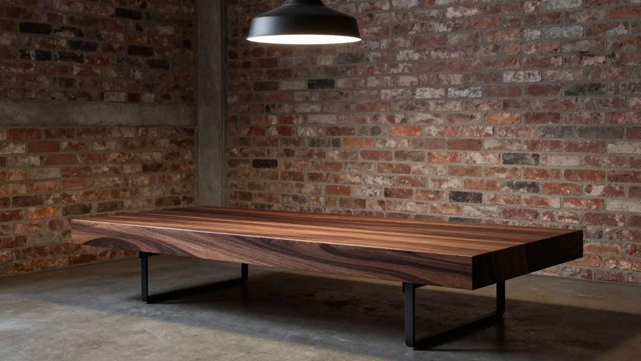 Průmyslový styl s tmavým dřevem, cihlovými stěnami a kovovými detaily.