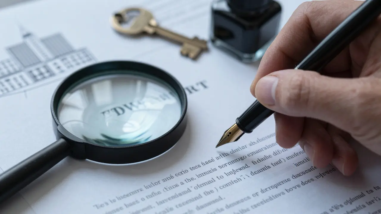 Ruka s lupou kontrolující smlouvu, důraz na detaily a identifikaci nemovitosti
