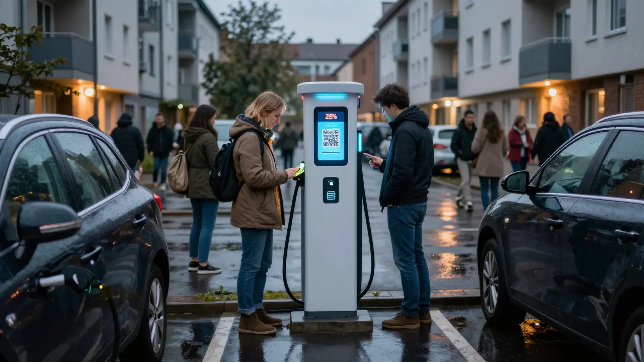 Sdílená nabíjecí stanice v zahradě bytového domu, kde obyvatelé pomocí aplikace rezervují nabíjení.