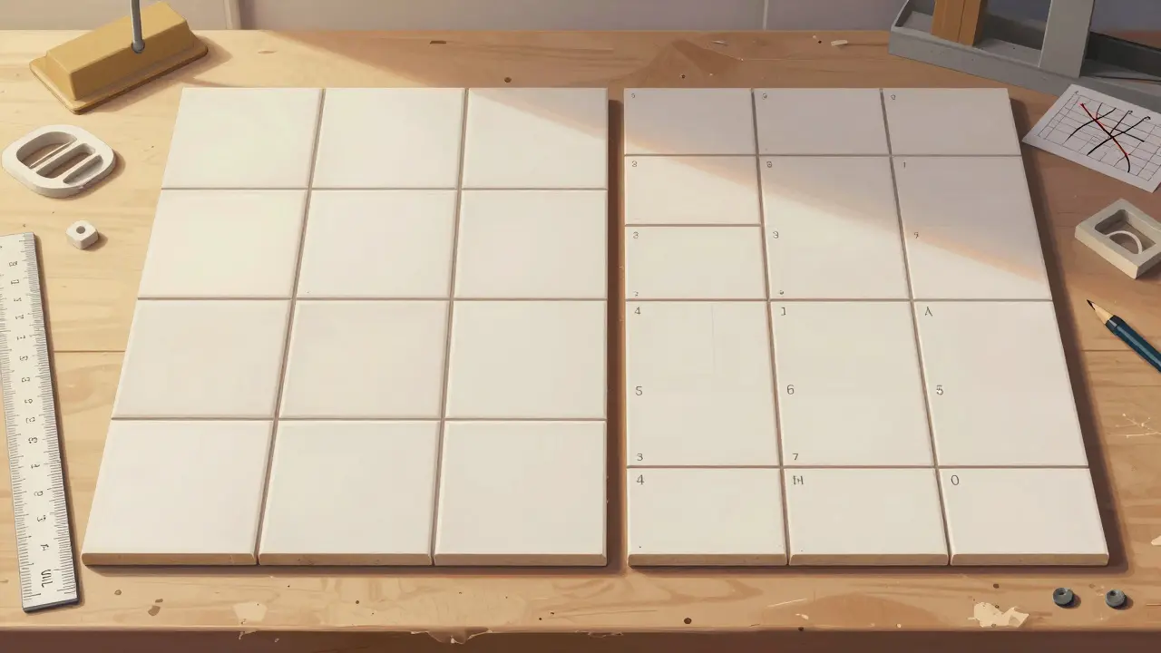 Side-by-side comparison of rectified and non-rectified tiles with varying grout widths on a workbench.