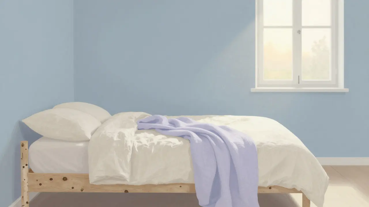 Skandinávská ložnice s bledě modrou stěnou, kremovým postelím a lehkým dřevěným rámem, osvětlená jemným ranním světlem.