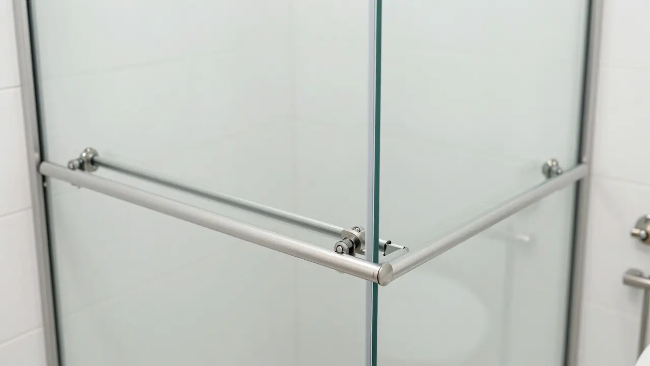 Sliding shower door system with stainless steel rollers and bottom guide rail, highlighting smooth movement and sealed edges.