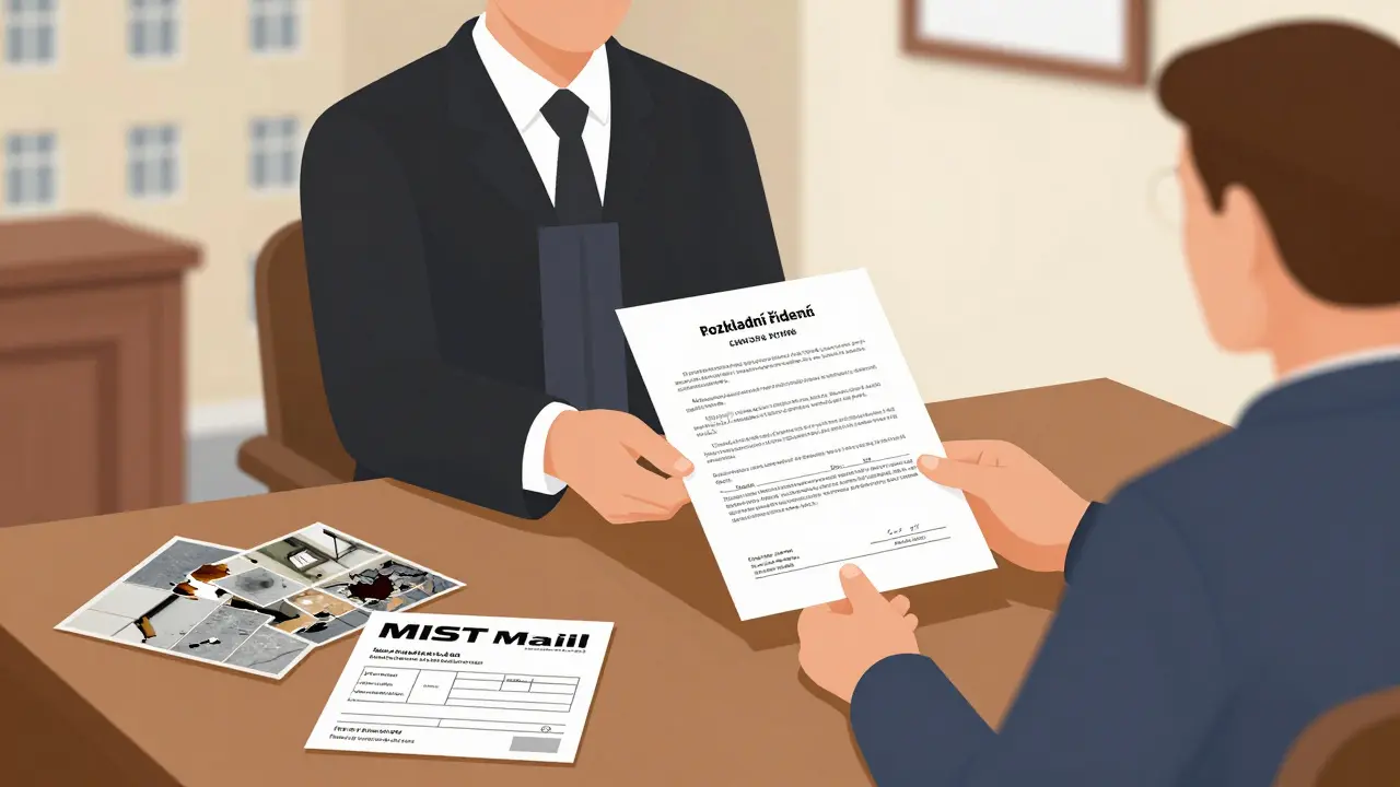 Soudce vydává rozkaz k vyklizení s důkazy: fotky škod, doručená výpověď a výpis z rejstříku.