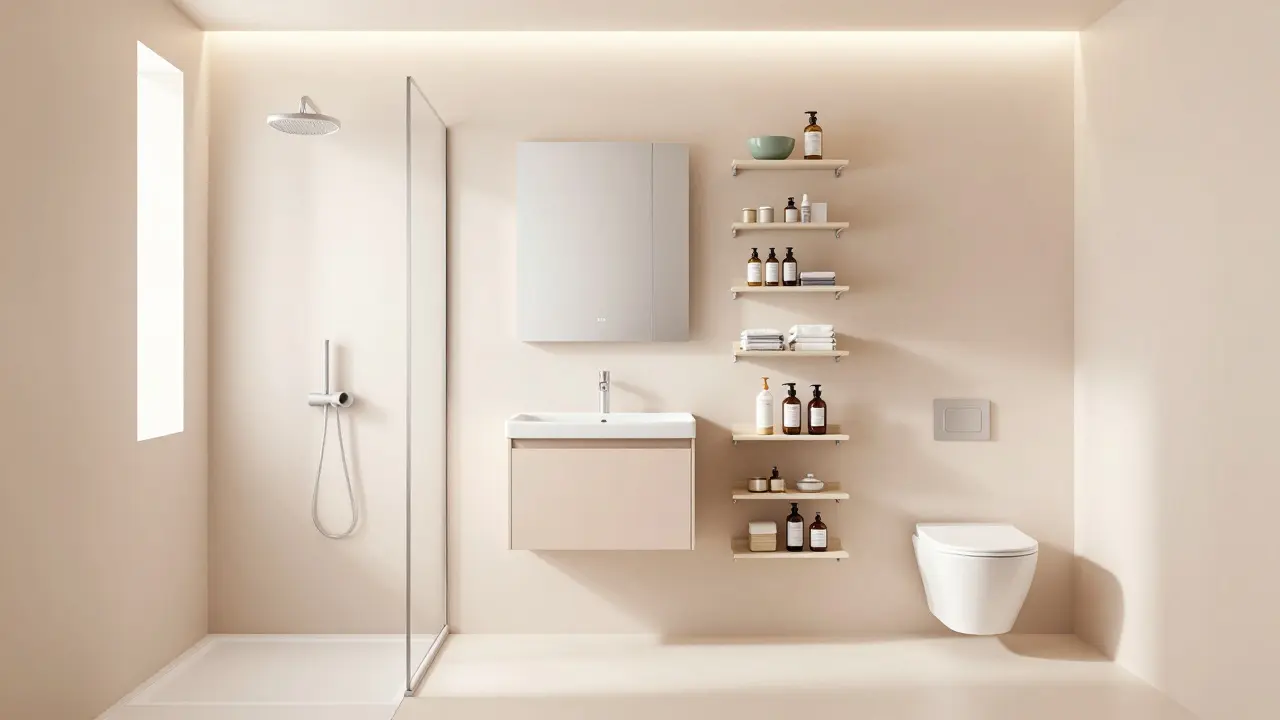 Vertikální úložné systémy ve koupelně: zrcadlová skříňka nad umyvadlem a vysoké regály, minimalizující ztrátu podlahové plochy.