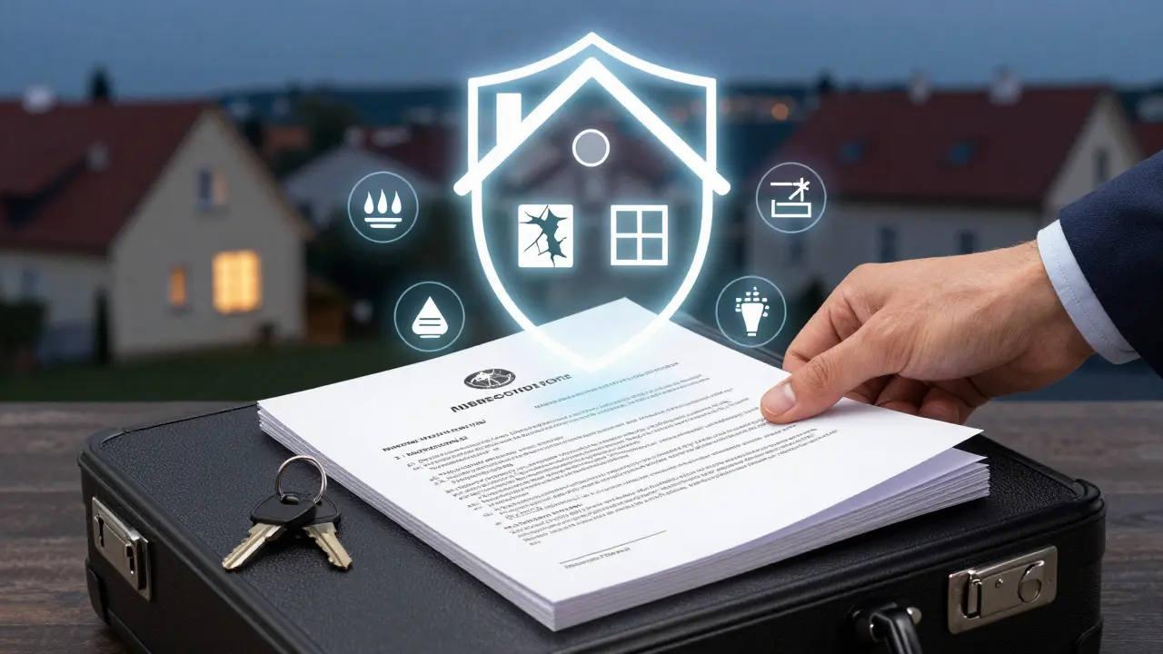 Zavřená pravnická taška s technickou zprávou a podepsaným prohlášením, za nimiž se objevuje chránící štít tvaru domu.