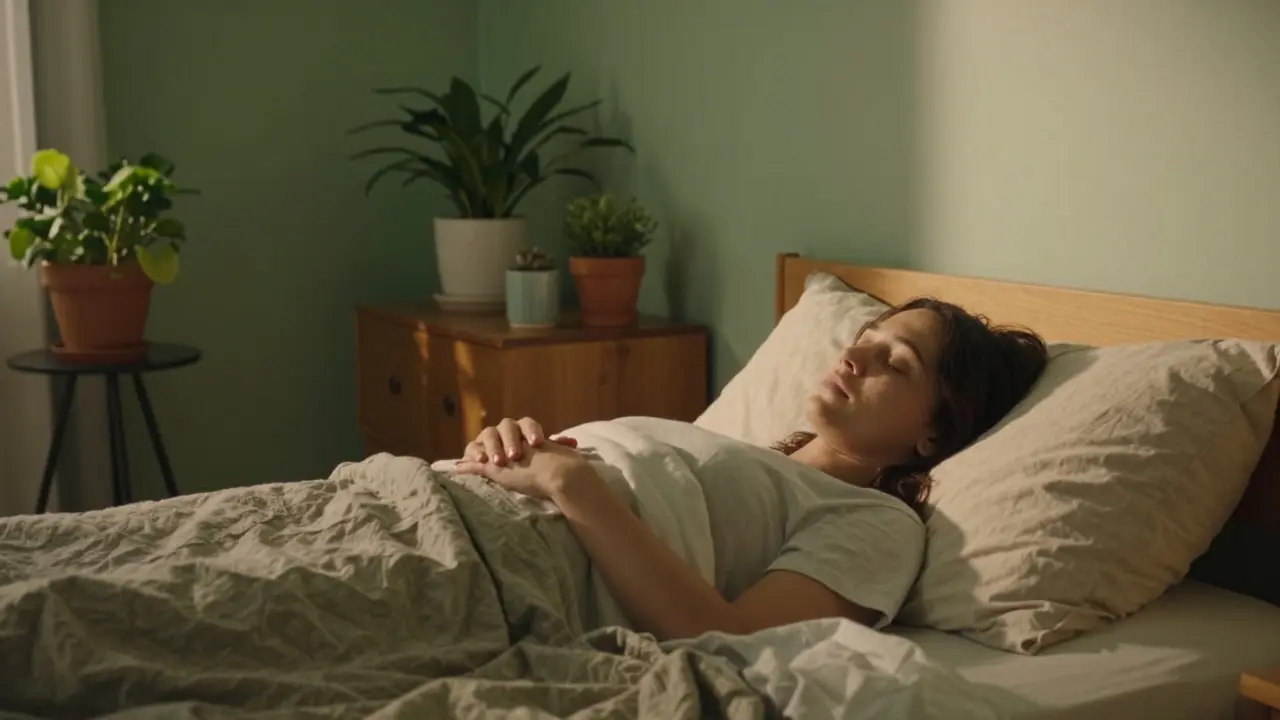 Zelená ložnice s přírodními prvky, která pomáhá uvolnit mysl a snížit úzkost.