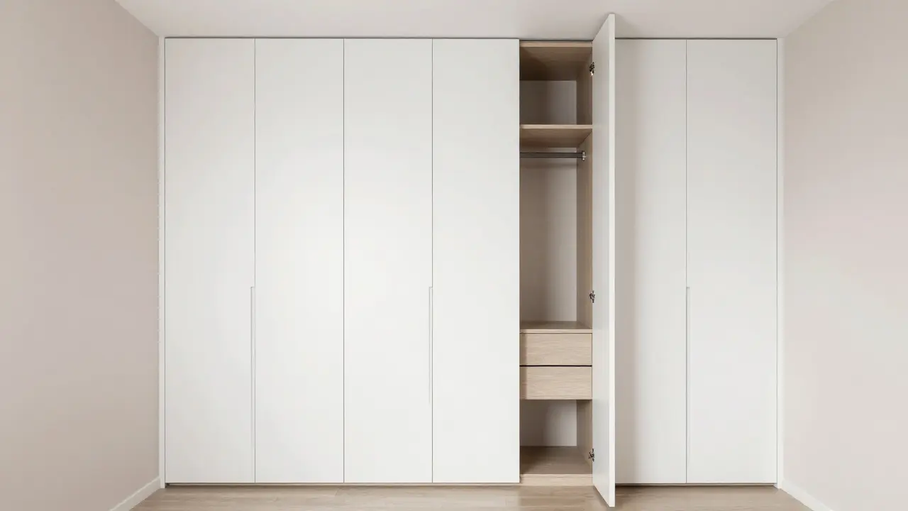 Bílá vestavěná skříň s posuvnými dveřmi maximalizující prostor v pokoji.
