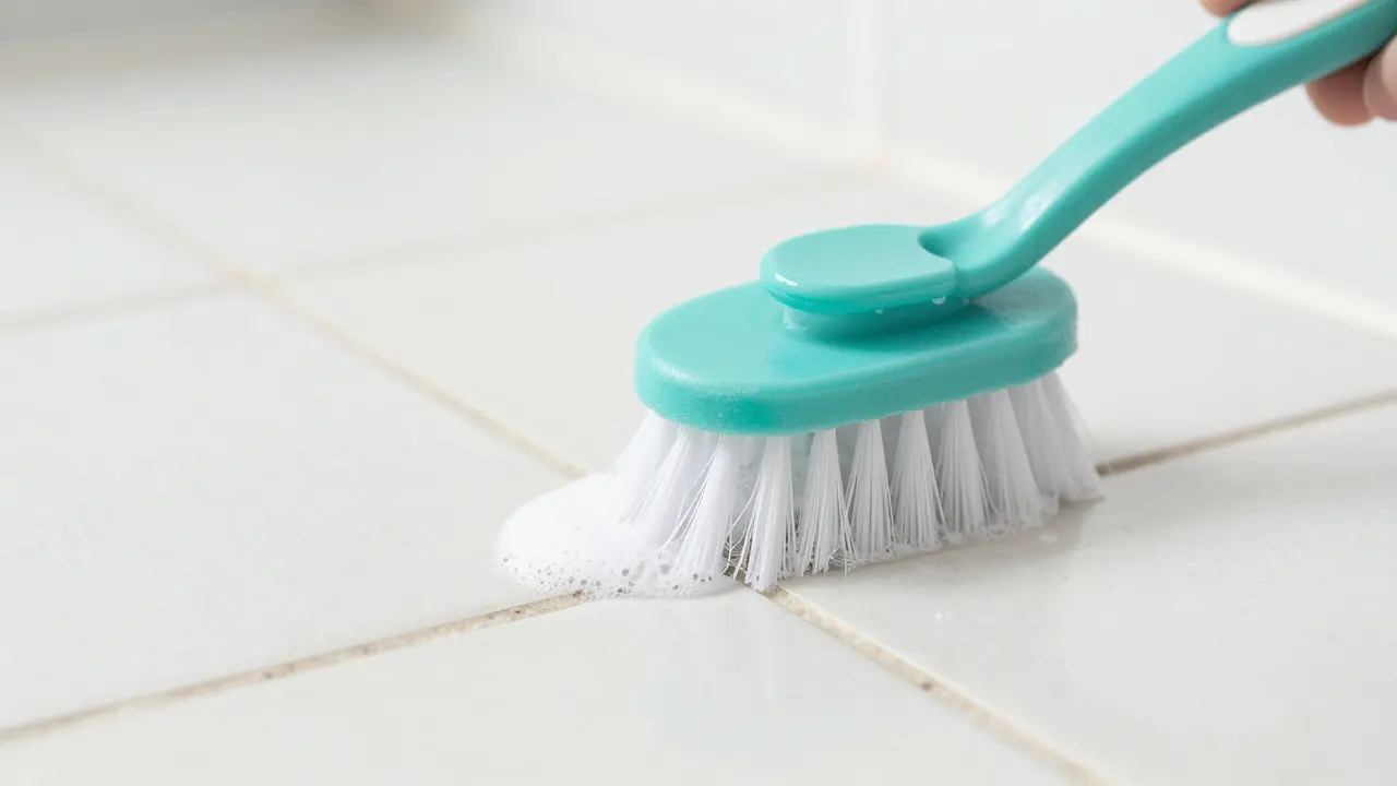 Čištění spár v koupelnové dlažbě pomocí jemného kartáče.