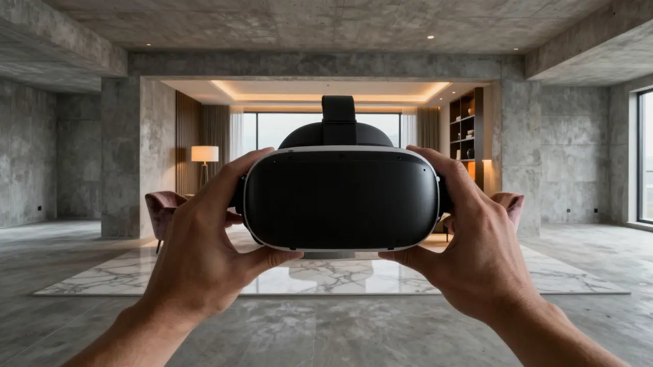 Člověk v VR brýlích vidí luxusně zařízený interiér v prázdném betonovém prostoru.