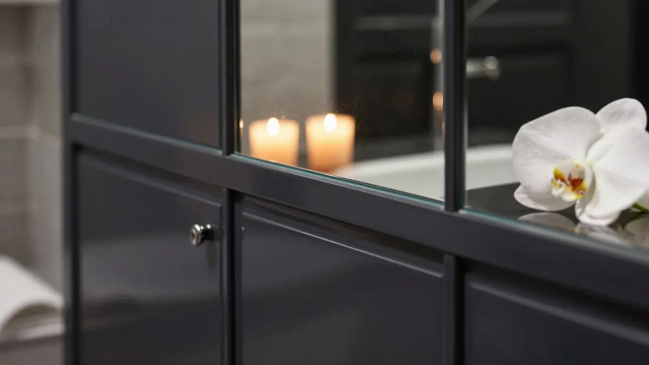 Detail antracitového lesklého nábytku s luxusním odrazem v moderním interiéru.