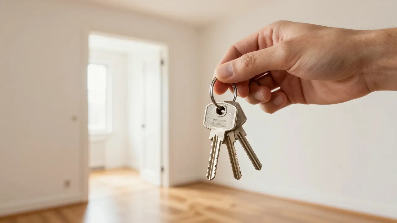 Detail ruky držící klíče od nového bytu v pozadí prázdného, světlého interiéru.
