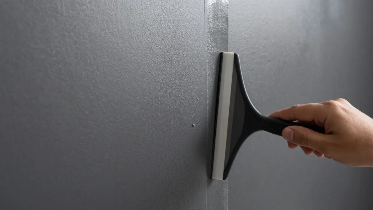 Detailní pohled na vyhlazování samolepicí PVC fólie plastovým rohovníkem na stěně.