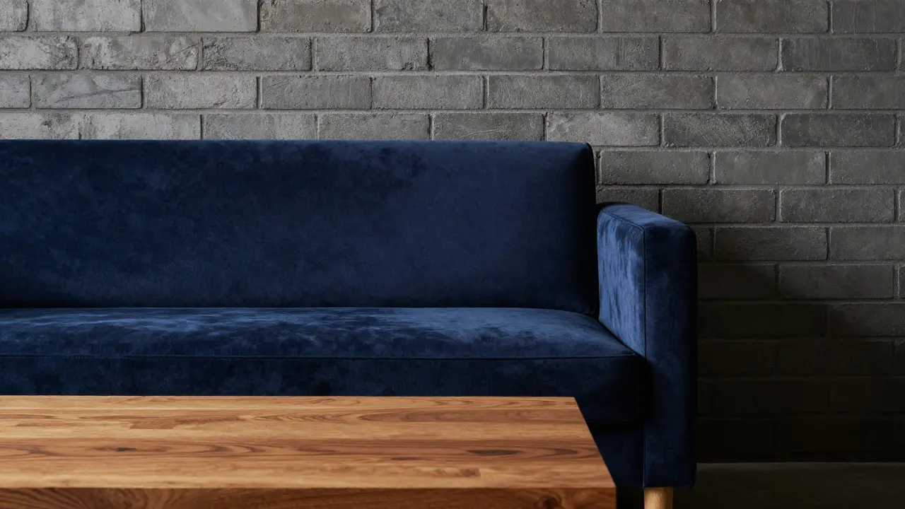 Detailní záběr na kontrast šedé cihlové stěny, modrého velurowého pohoví a dubového stolku.