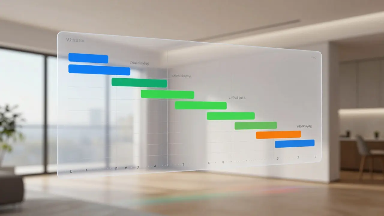 Digitální harmonogram s kritickou cestou znázorněný v moderním interiéru.