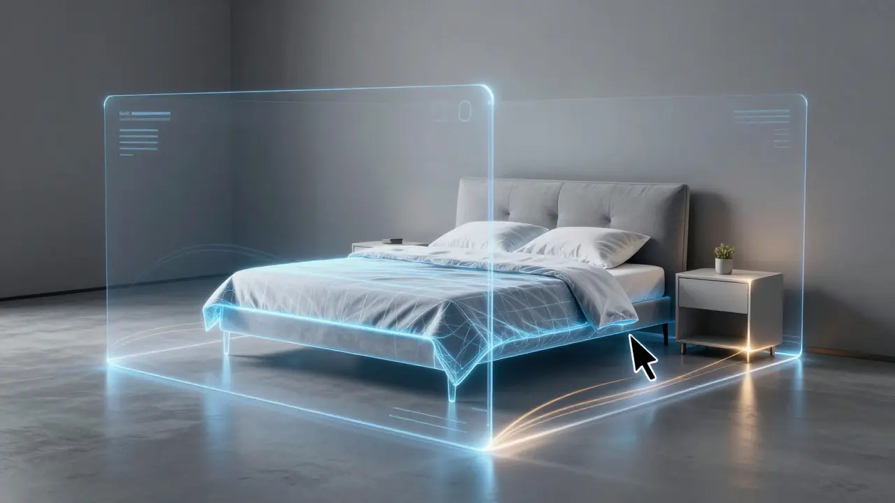 Digitální proces vkládání 3D modelů nábytku do fotografie prázdné ložnice pomocí AI.