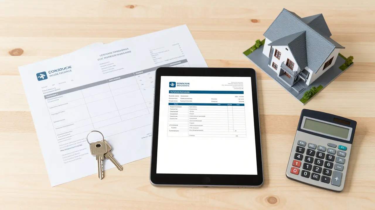 Dokumenty z rekonstrukce domu, kalkulačka a pojistná smlouva na stole.