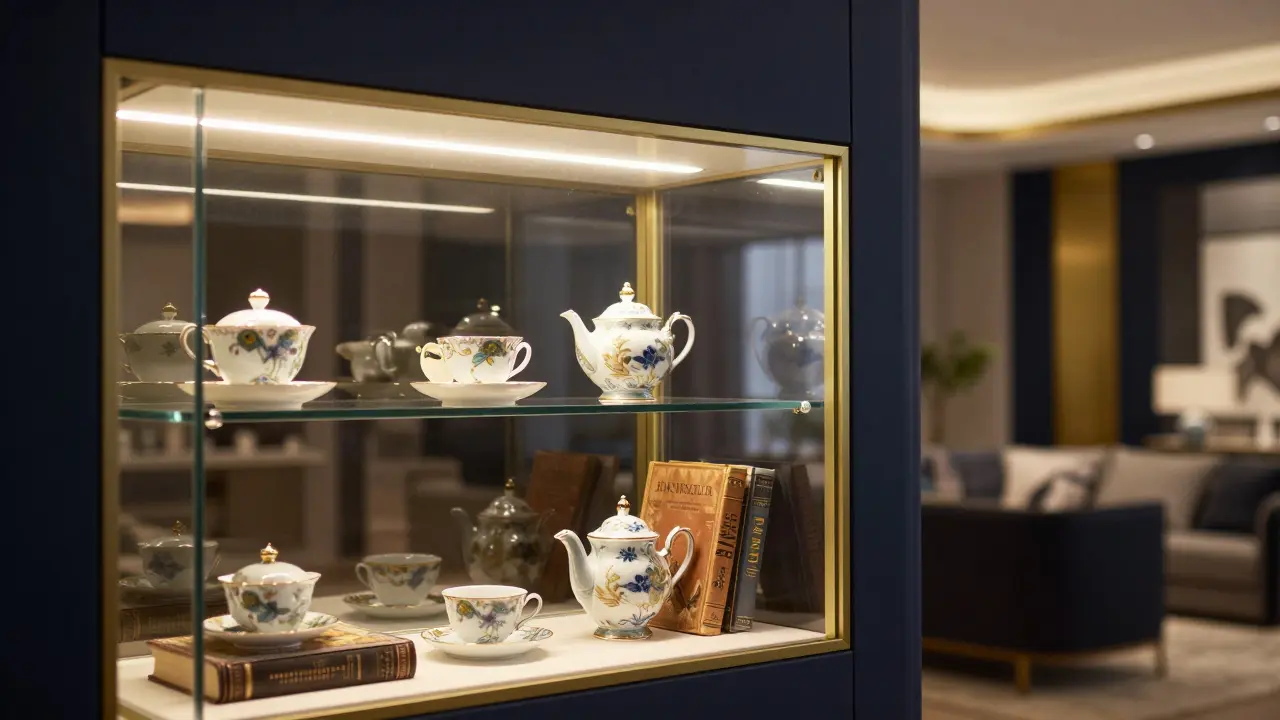 Elegantní proskelená vitrína s vnitřním LED osvětlením a porcelánem.