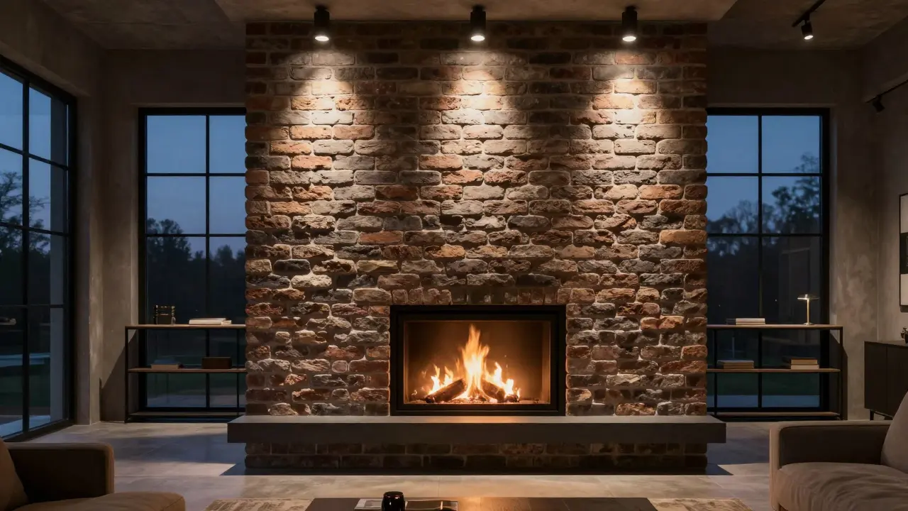 Industriální interiér s cihlovou stěnou, krbem a moderním bodovým LED osvětlením.