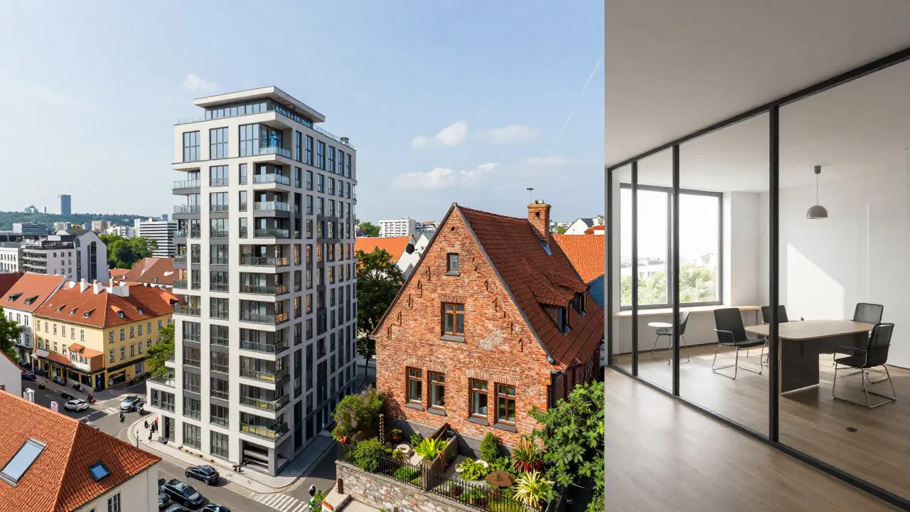 Kolaž znázornující pražský byt, regionální dům a komerční prostor.