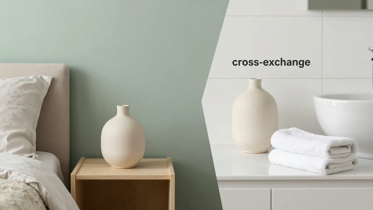 Koláž zobrazující přemístění keramické vázy z ložnice do koupelny.