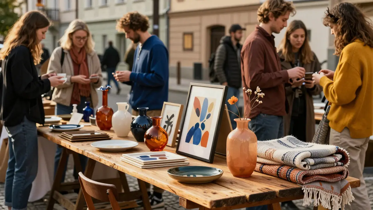 Komounitní výměna domácích dekorací na dřevěných stolech v urbanním prostoru.