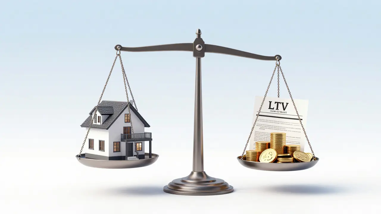 Konceptuální 3D vizualizace poměru hodnoty nemovitosti a výše úvěru na váhách.