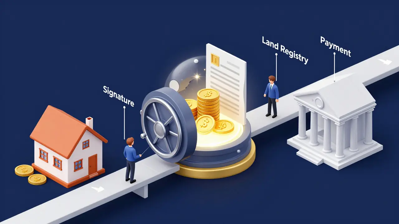 Konceptuální ilustrace notářské úschovy jako bezpečného mostu mezi kupujícími a prodávajícími.