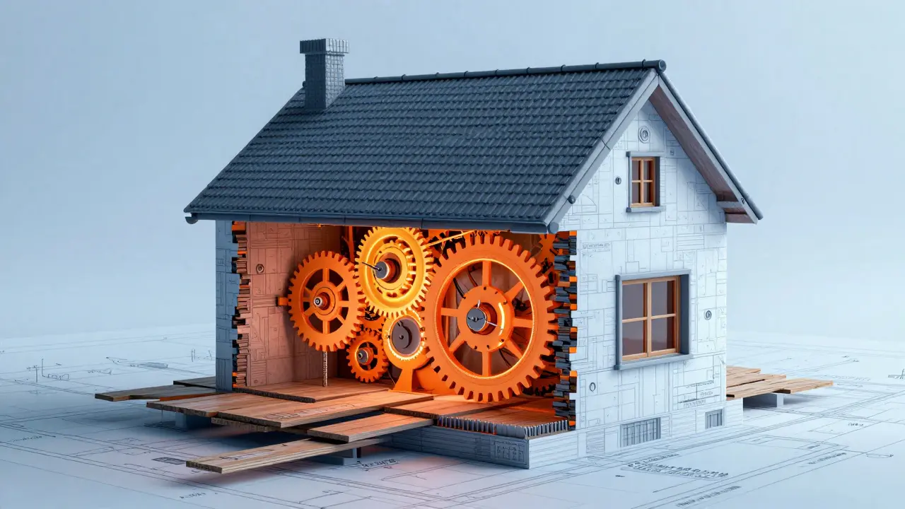 Konceptuální obraz domu s vymyšlenými časovači vzývajícími skryté vady.