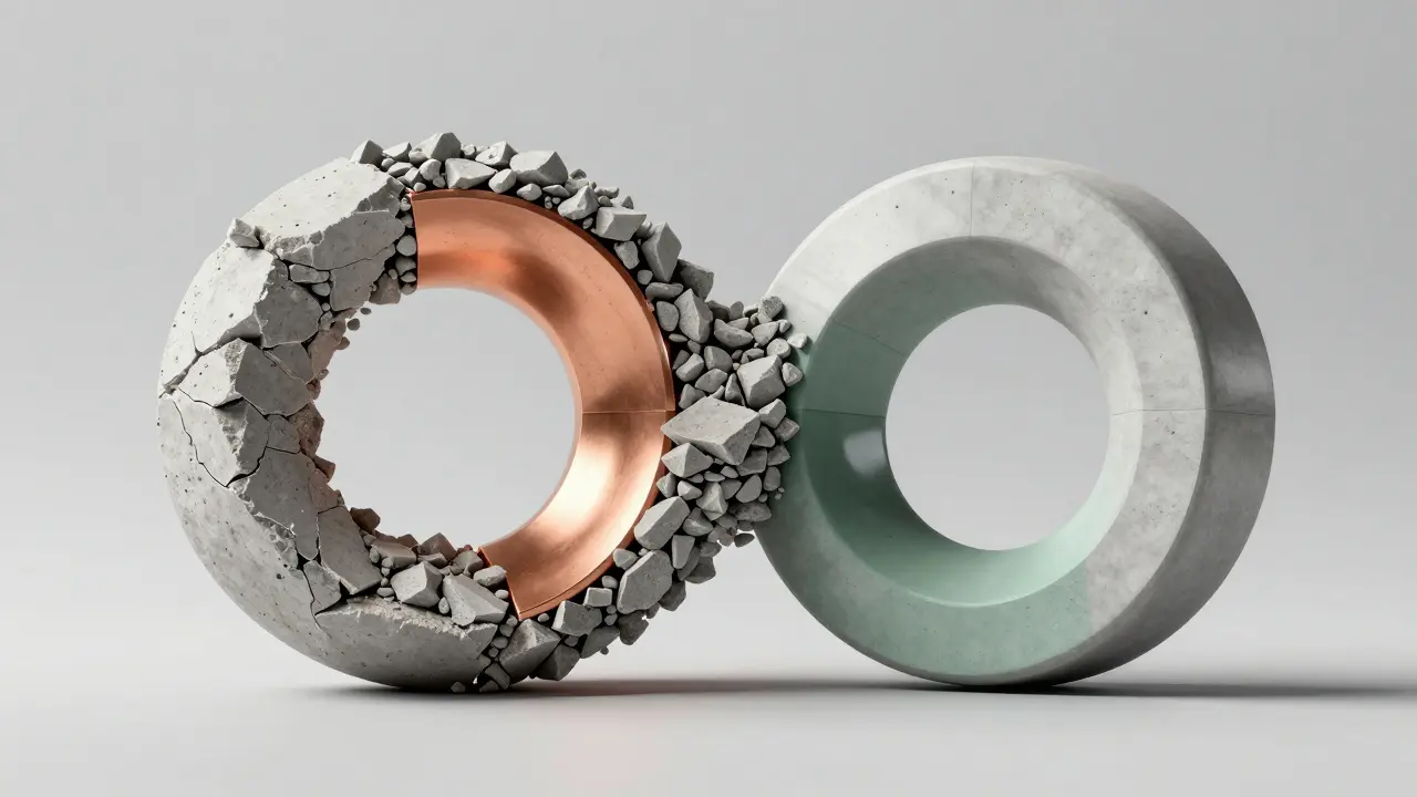 Konceptuální znázornění cirkulární ekonomiky s přechodem od sutí k modernímu betonu.