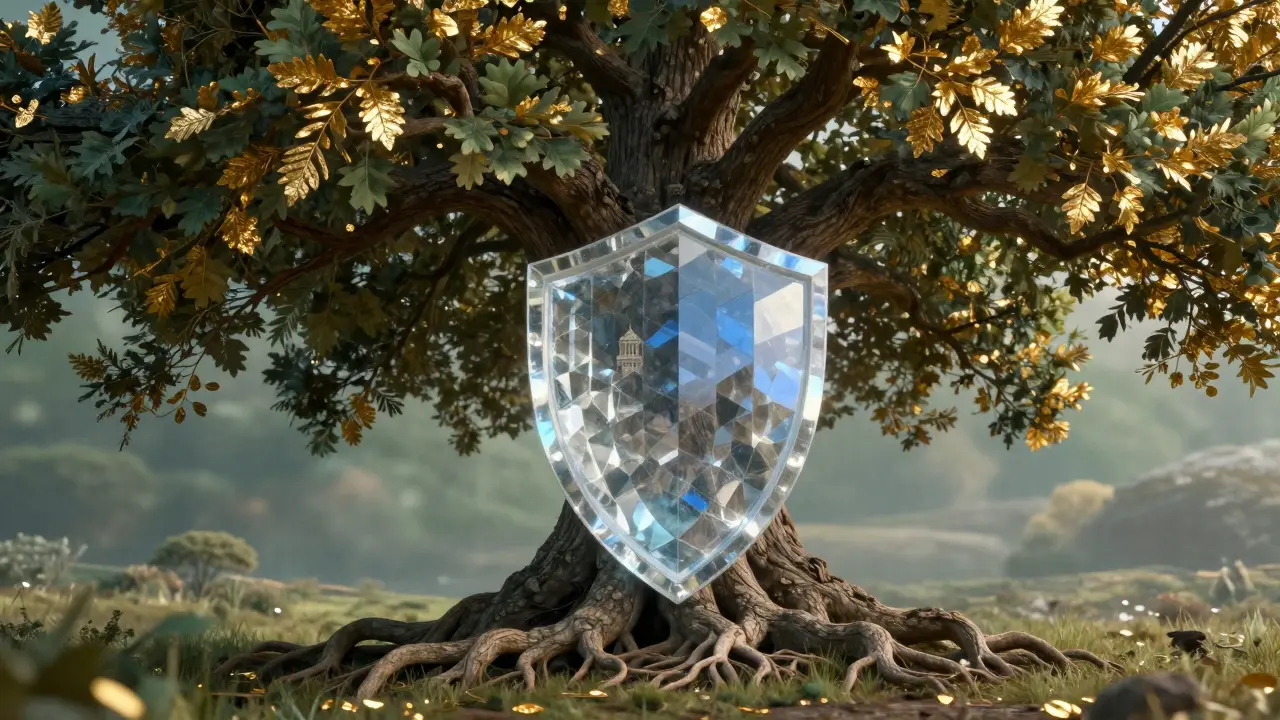 Konzepční obraz dubu se zlatými listy jako symbol ochrany majetku pro generace.