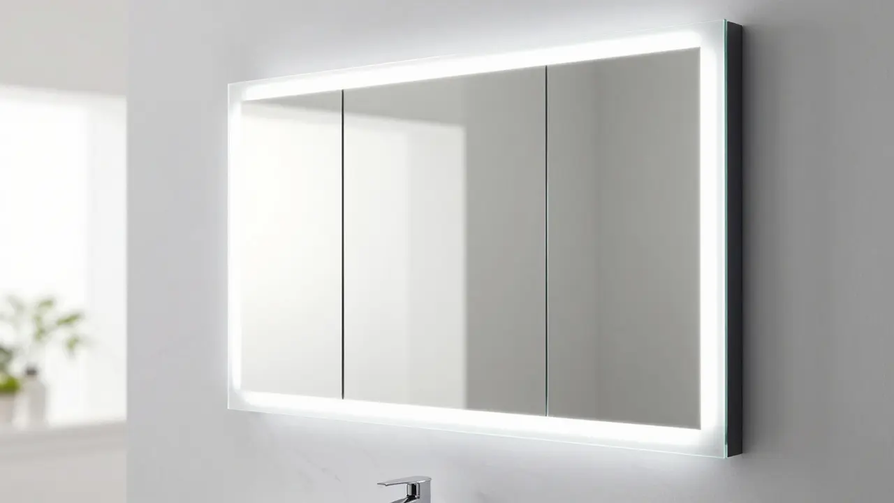 Koupelnová skřínka se zrcadlovými dvířky a integrovaným LED osvětlením.