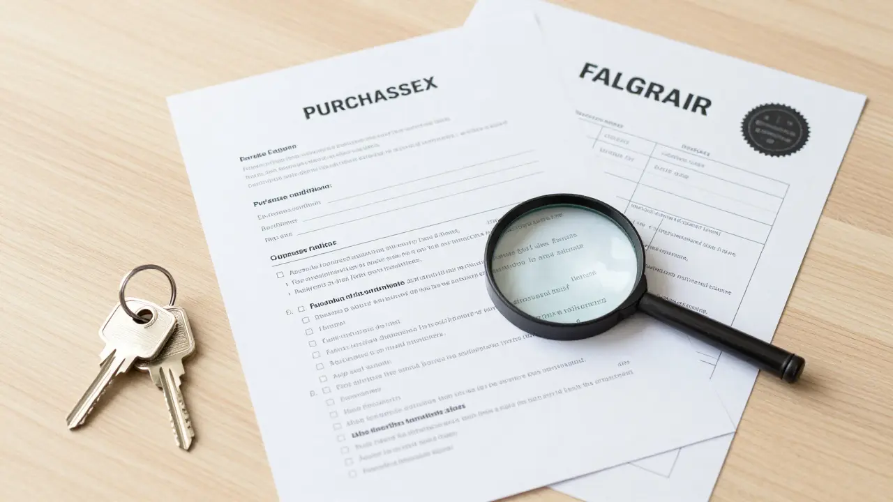 Kupní smlouva, klíče a technický posudek na stole symbolizující transparentní prodej.