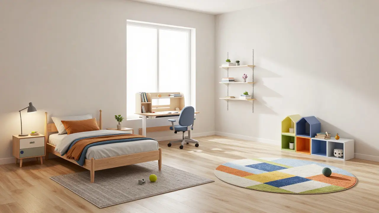 Moderní dětský pokoj rozdělený na zónu spánku, učení a hry s modulárním nábytkem.