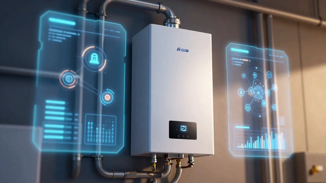 Moderní kondenzační kotel s digitálním holografickým rozhraním AI systému.