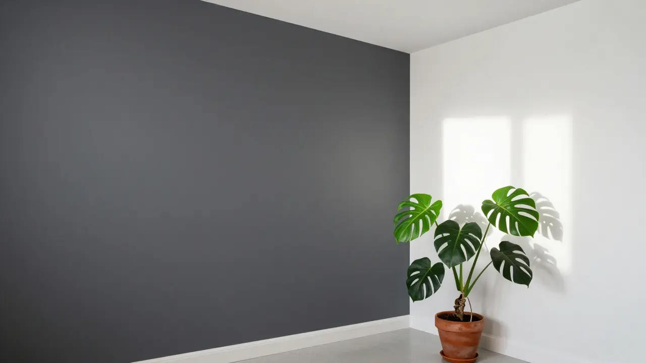 Moderní pokoj s tmavě šedou akcentní stěnou a světlými plochami pro pocit prostoru.