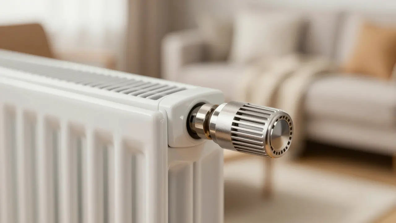 Moderní termostatická hlavice na radiátoru v útulném obývacím pokoji.