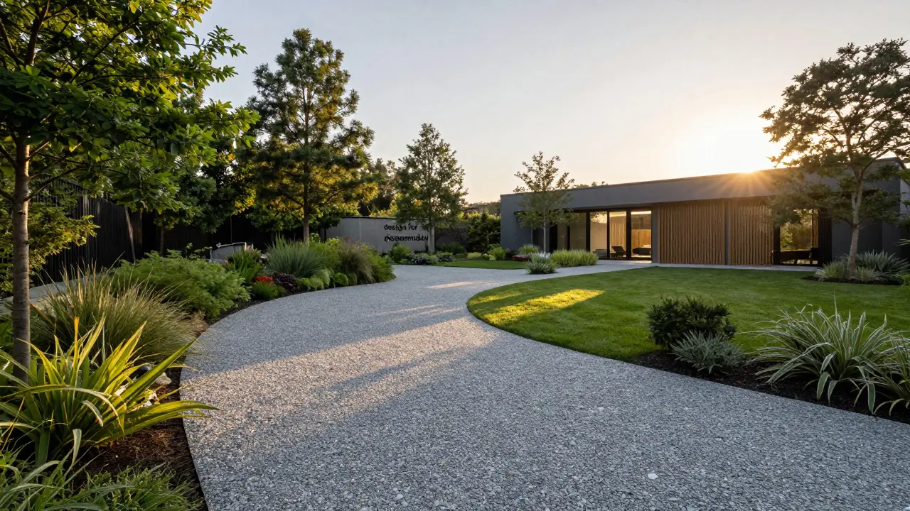 Moderní vjezd a chodník vyrobený z recyklovaného stavebního kameniva v zelené zahradě.