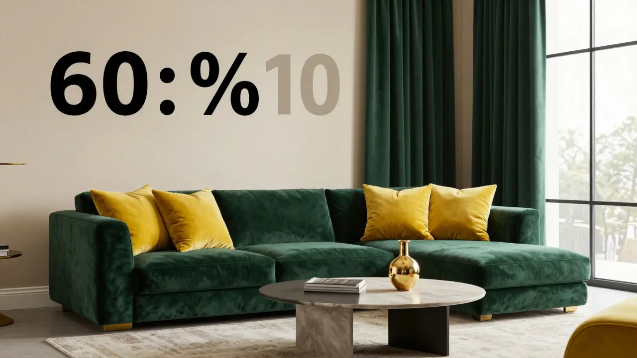 Obývací pokoj s kombinací béžové, smaragdově zelené a hořčicových detailů.