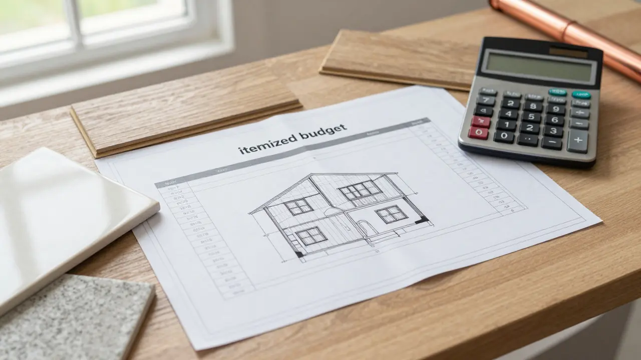 Plánovací stůl s rozpojem, modrými nákresy a vzorky stavebních materiálů.